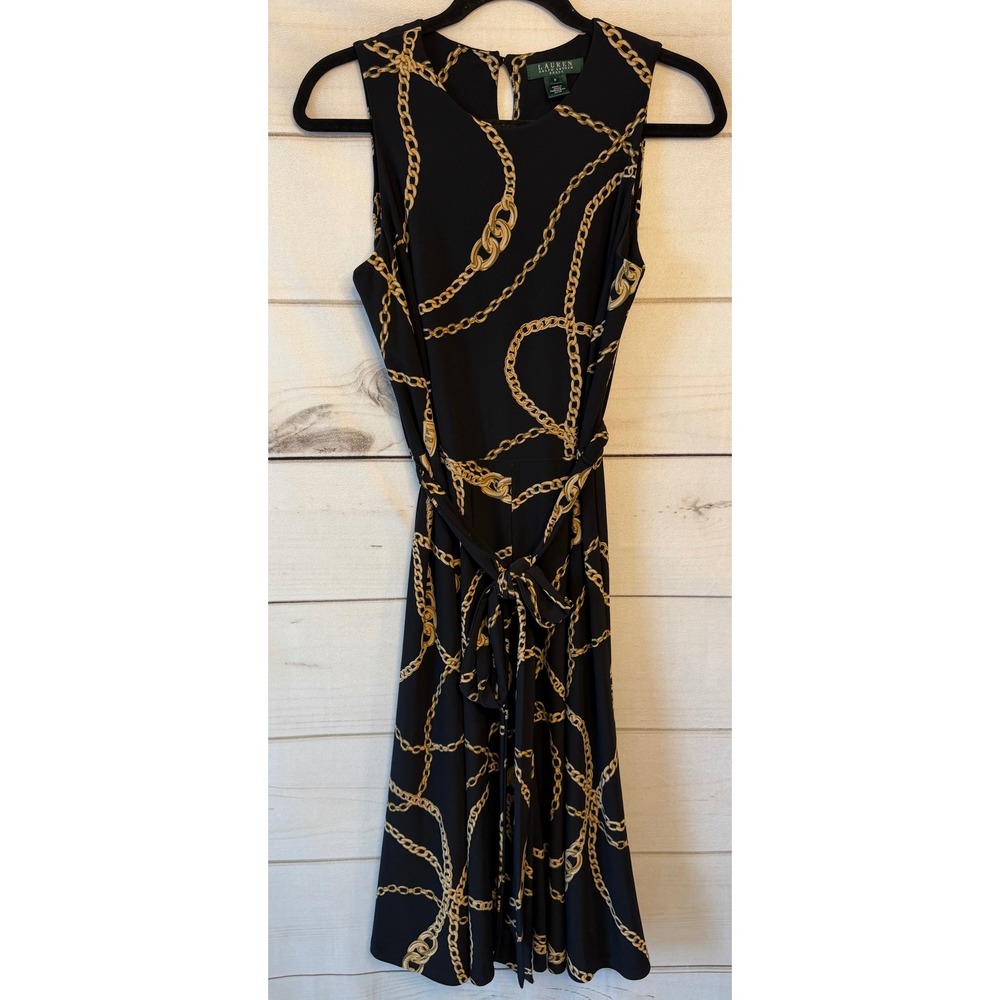 Lauren Ralph Lauren Black Gold Chain Print Belted Sleeveless Dress 6